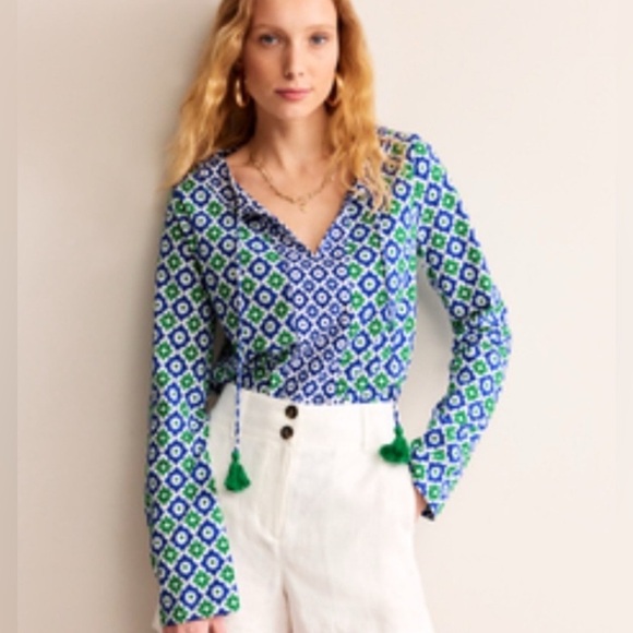 Boden Doublecloth Blouson sleeve 100%Cotton top, navy green and white, sz 6 NWOT - Picture 2 of 13